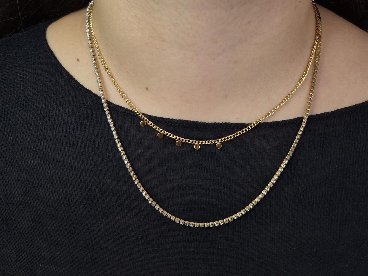 Collier double chaîne avec strass et chaîne